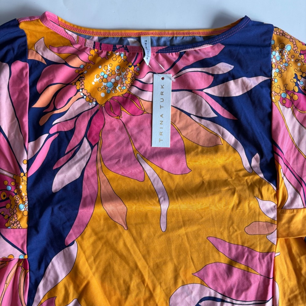 Trina Turk Womens 4 Luv Dress Tunic Top Pink Navy Orange Floral Wide Sleeve Boho - Picture 3 of 7